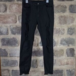 Shein black distressed front raw hem jeans stretchy sz‎ Large EUC cotton blend